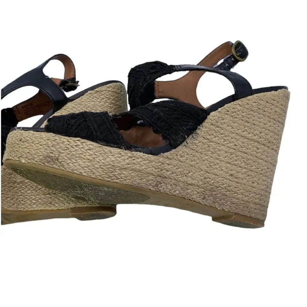 Lucky Brand Ridgeview Rita Black Macrame Lace Platform Wedge Sandals 8M Box
